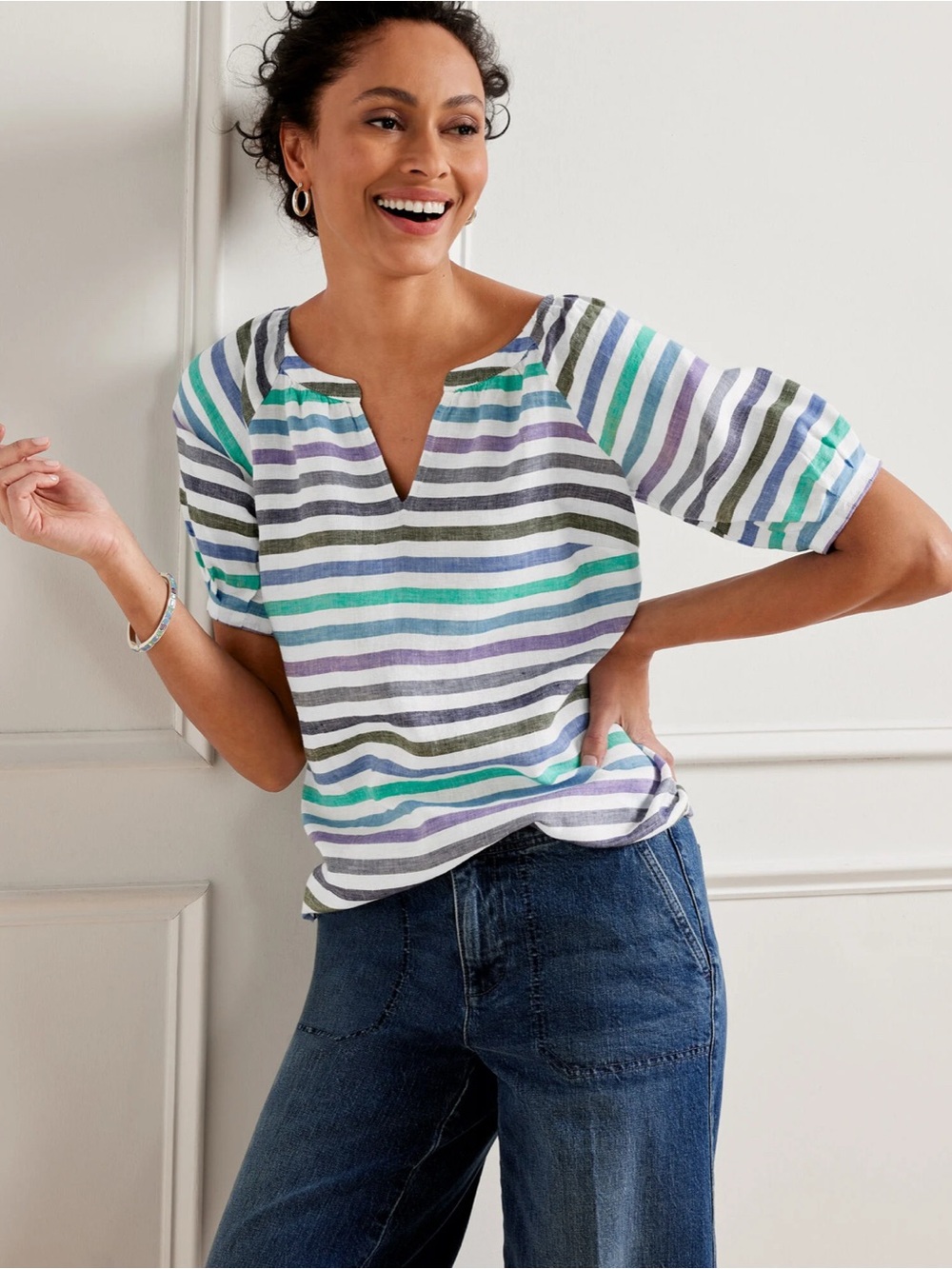 Talbots Striped Short-Sleeve Linen Blend Top in Multi-Color